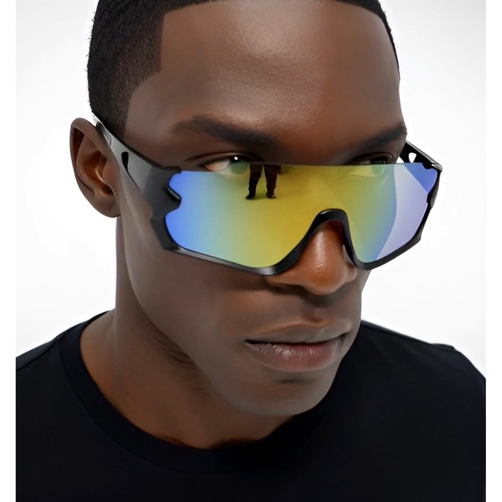 Mens Black Shield Sport Sunglasses Iridescent Mirrored Lens Cyberpunk Wraparound